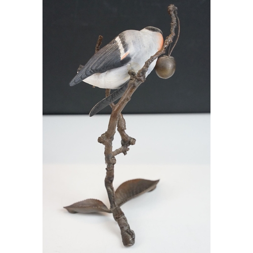 45 - Bird figurines to include Song Thrush and English Robin on wooden branch examples, signed to base, t... 