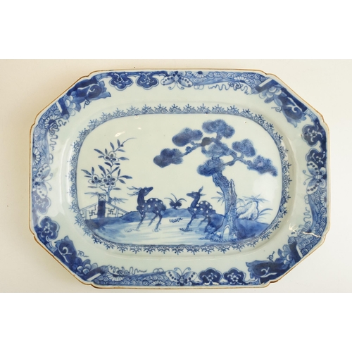 46 - 18th century blue and white Chinese platters with deer and landscape scenes, W 31cm