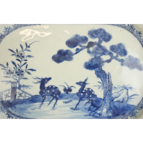 46 - 18th century blue and white Chinese platters with deer and landscape scenes, W 31cm