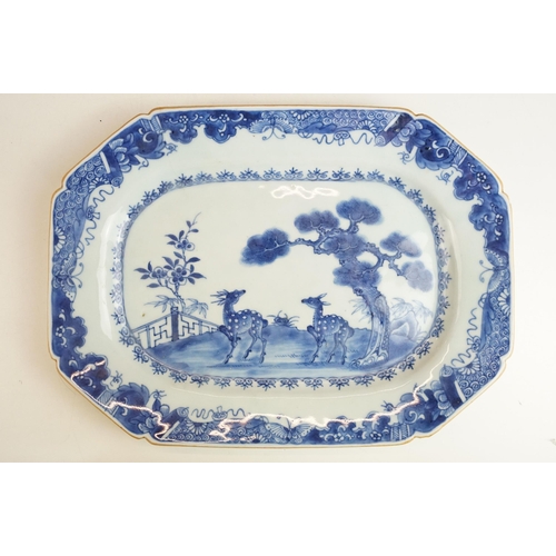 46 - 18th century blue and white Chinese platters with deer and landscape scenes, W 31cm