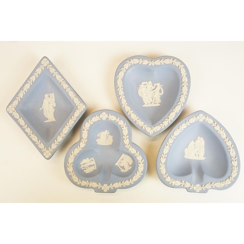 50 - Selection of six blue Wedgwood Jasperware dishes together with a boxed silver plated cruet set and a... 