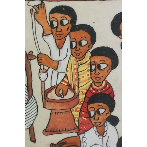 509 - Ethiopian school, figures at work looming and preparing food and drink, watercolour, variously inscr... 