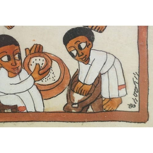 509 - Ethiopian school, figures at work looming and preparing food and drink, watercolour, variously inscr... 