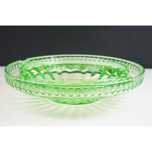 51 - Green glass rose posey flower bowl, diameter 32cm together with a uranium glass art deco lady figuri... 