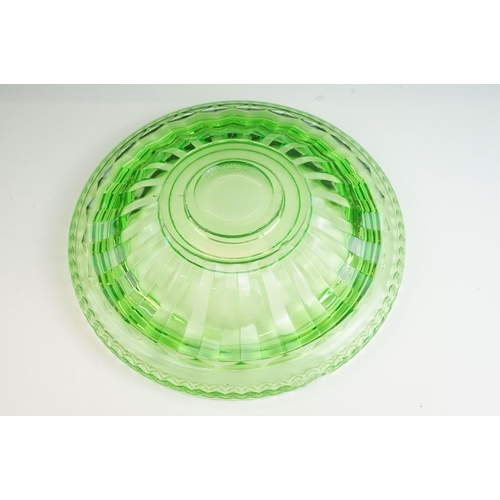 51 - Green glass rose posey flower bowl, diameter 32cm together with a uranium glass art deco lady figuri... 