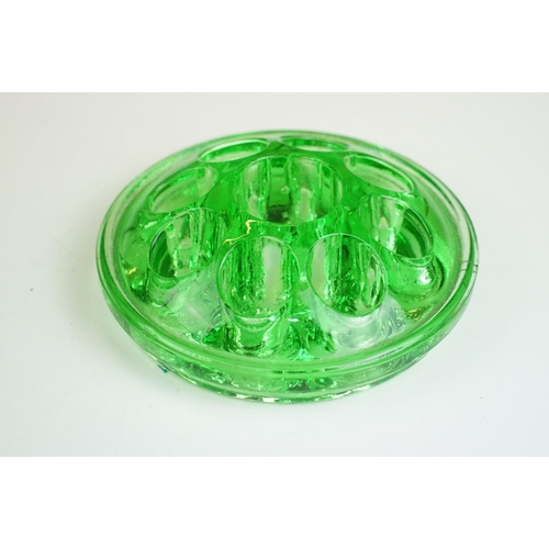 51 - Green glass rose posey flower bowl, diameter 32cm together with a uranium glass art deco lady figuri... 