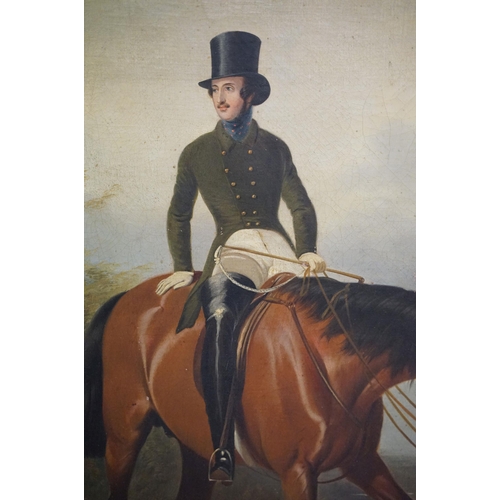 511 - 19th century English school, portrait of a gentleman on horseback with two hounds, oil on canvas, in... 