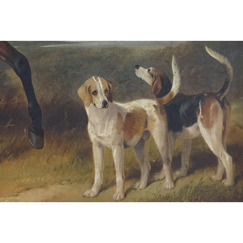 511 - 19th century English school, portrait of a gentleman on horseback with two hounds, oil on canvas, in... 