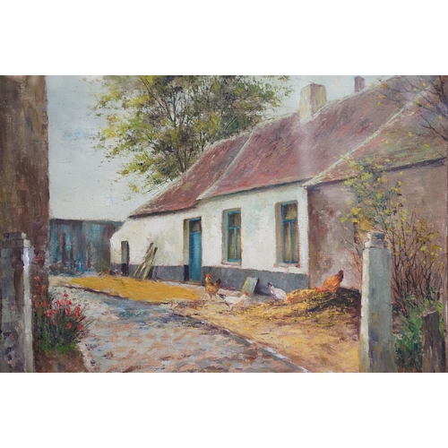 512 - G Walsh, rural courtyard scene with chickens, oil, signed lower left, 48.5 x 58.5cm, framed and glaz... 