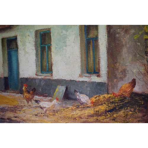 512 - G Walsh, rural courtyard scene with chickens, oil, signed lower left, 48.5 x 58.5cm, framed and glaz... 