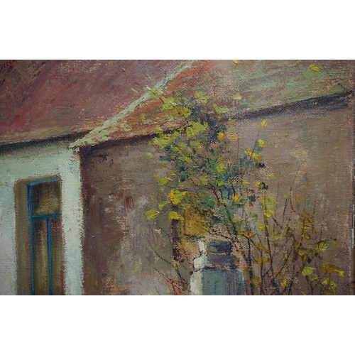 512 - G Walsh, rural courtyard scene with chickens, oil, signed lower left, 48.5 x 58.5cm, framed and glaz... 