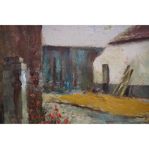 512 - G Walsh, rural courtyard scene with chickens, oil, signed lower left, 48.5 x 58.5cm, framed and glaz... 