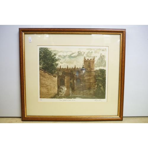 517 - A Smith, The Gate to Gods Acre, limited edition coloured etching, signed in pencil lower right, titl... 