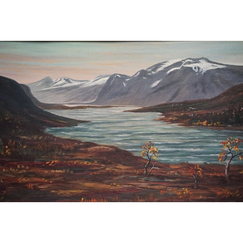 519 - 'Othmar' circa 1957, a tranquil view of Saltoluokta (Sweden), with snow capped mountains, oil on can... 