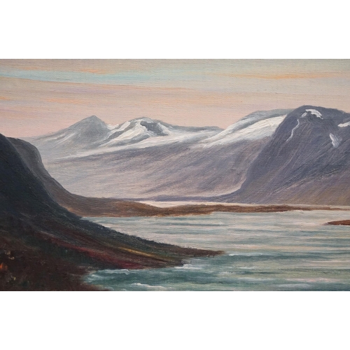 519 - 'Othmar' circa 1957, a tranquil view of Saltoluokta (Sweden), with snow capped mountains, oil on can... 