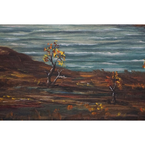 519 - 'Othmar' circa 1957, a tranquil view of Saltoluokta (Sweden), with snow capped mountains, oil on can... 