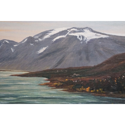 519 - 'Othmar' circa 1957, a tranquil view of Saltoluokta (Sweden), with snow capped mountains, oil on can... 