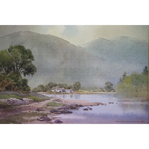 521 - Denis Dellow (20th century), 'Derwent Water, Cumbria', watercolour, together with three other scenic... 