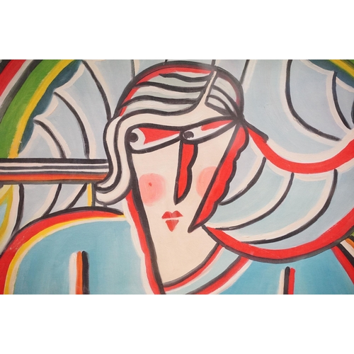 524 - Cubist portrait of Art Deco woman seated in a cafe, oil painting, 57 x 44cm, studio framed