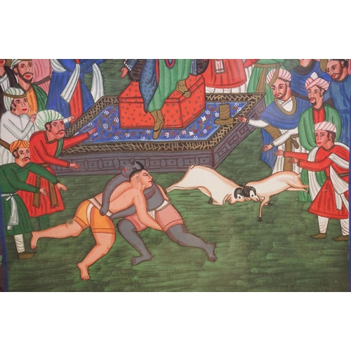 526 - Indian school, scene with wrestling and animals fighting, watercolour, 83.5 x 58cm, portrait of a fe... 