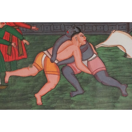 526 - Indian school, scene with wrestling and animals fighting, watercolour, 83.5 x 58cm, portrait of a fe... 