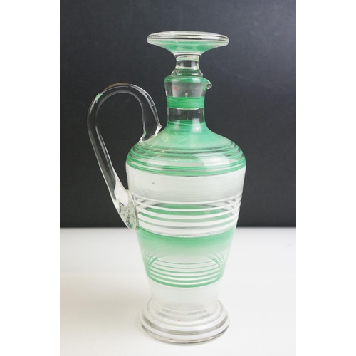 58 - Art Deco green striped glass liqueur decanter and glasses, H 22.5cm