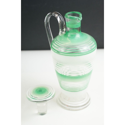 58 - Art Deco green striped glass liqueur decanter and glasses, H 22.5cm