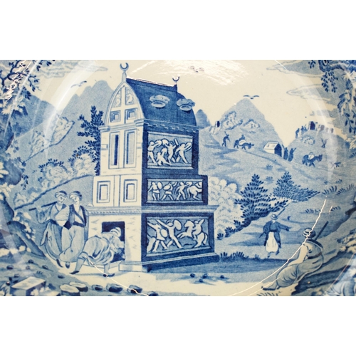 61 - Set of four blue and white soup bowls depicting a landscape with workers and building scene, diamete... 