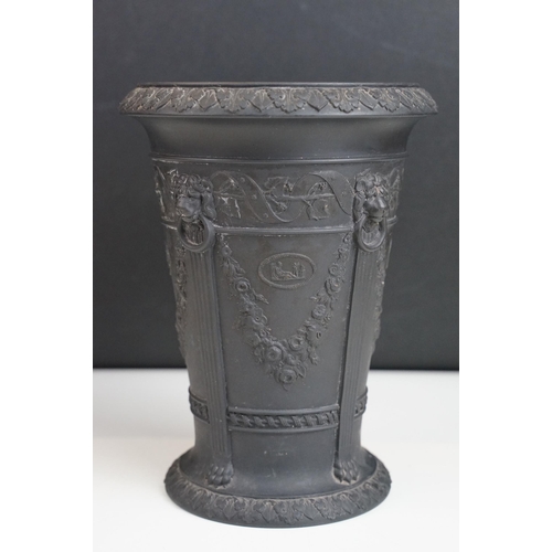 64 - Selection of black Wedgwood pieces to include a basalt vase with classical decoration, H 17.5cm,  Ja... 