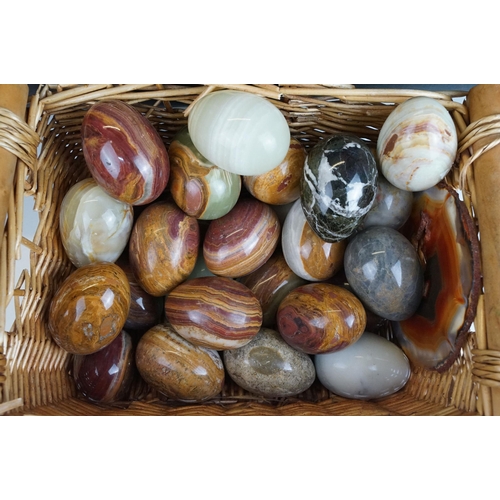 68 - Collection of geode slices together with an assortment of carved and polished mixed stone eggs