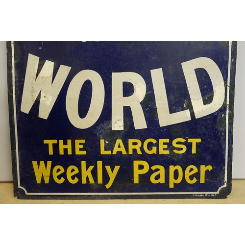 94 - News of the World 'The largest weekly paper' vintage enamel advertising sign, H 92cm, W 61cm