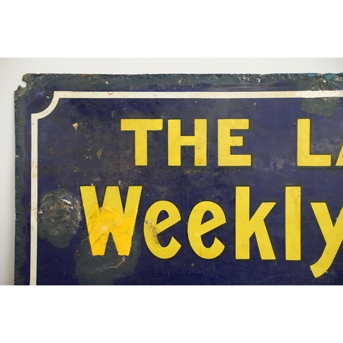 94 - News of the World 'The largest weekly paper' vintage enamel advertising sign, H 92cm, W 61cm