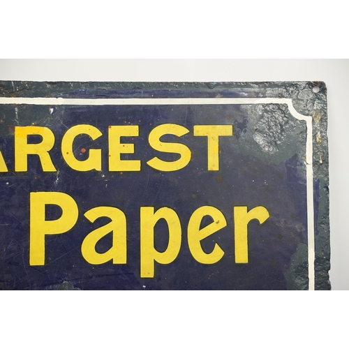 94 - News of the World 'The largest weekly paper' vintage enamel advertising sign, H 92cm, W 61cm