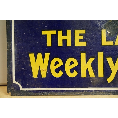 94 - News of the World 'The largest weekly paper' vintage enamel advertising sign, H 92cm, W 61cm