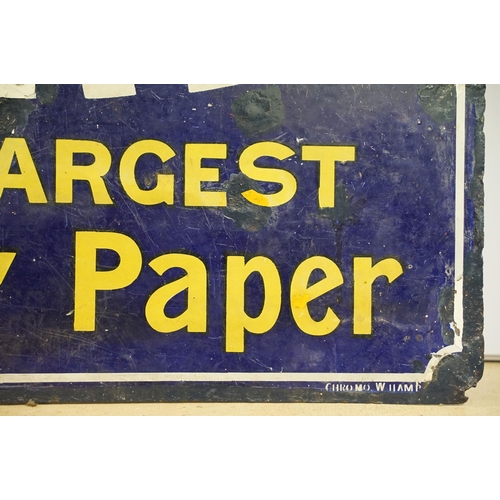 94 - News of the World 'The largest weekly paper' vintage enamel advertising sign, H 92cm, W 61cm