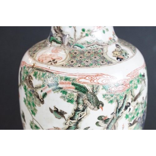 21 - Chinese Kang Xi period famille verte vase having hand enamelled peony lotus and bird detailing, unsi... 