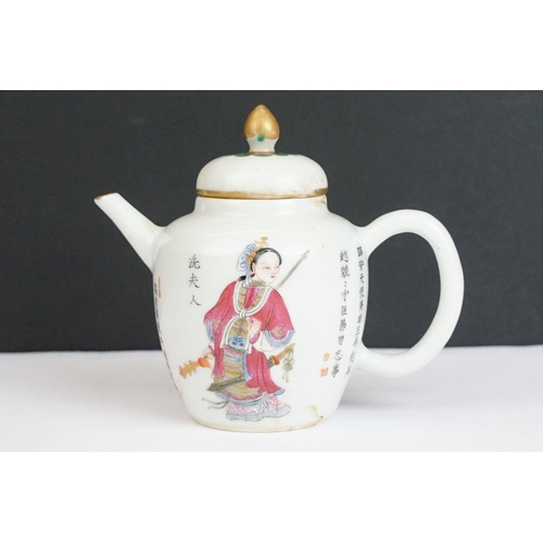 29 - Chinese porcelain teapot with hand enamelled warrior figures and character marks together with a Chi... 