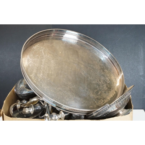 436 - Large selection of silver plate to include service gallery openwork tray, 52cm diameter, three arm c... 