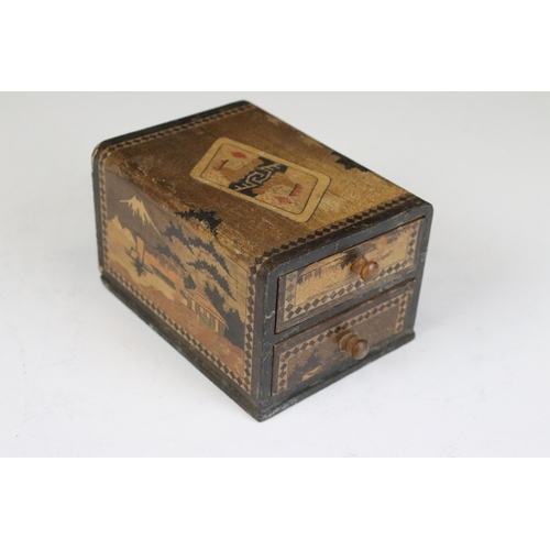 113 - Early 20th century Japanese wooden marquetry inlaid twin drawer playing card box, decorated with a p... 