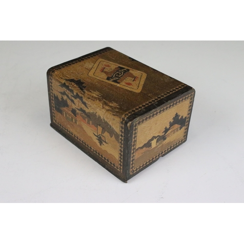 113 - Early 20th century Japanese wooden marquetry inlaid twin drawer playing card box, decorated with a p... 