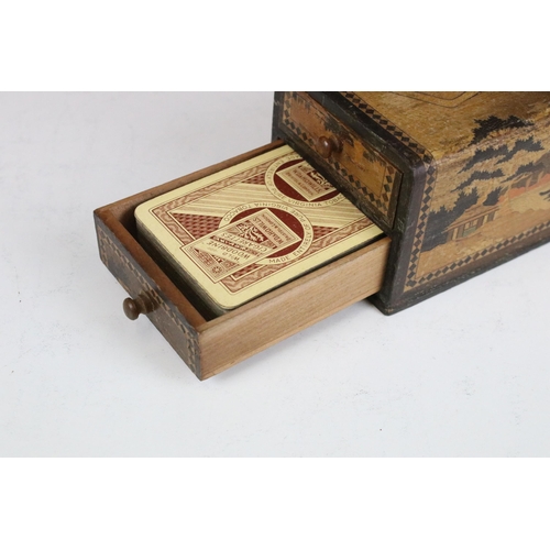 113 - Early 20th century Japanese wooden marquetry inlaid twin drawer playing card box, decorated with a p... 