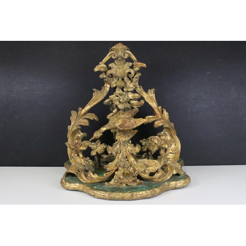 119 - Large gilt wood baroque sculpture depicting bird and flower arrangement on large plinth, H 39cm