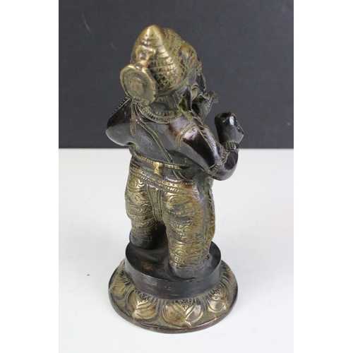 129 - Ganesha brass antique statue god holding a pot with mouse, H 21cm