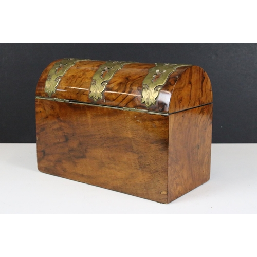 140 - Walnut domed desk box with brass strapping and hinged cover by makers Briggs, Piccadilly, London, H ... 