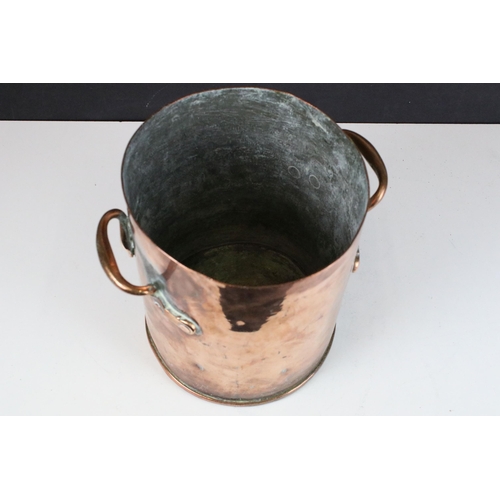 144 - Antique copper stock pot with twin loop handles, 21cm high