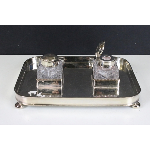 155 - Barker Ellis silver plated footed writing tray with glass inkwells, each inkwell engraved to top wit... 