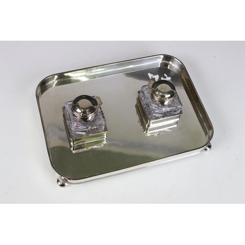 155 - Barker Ellis silver plated footed writing tray with glass inkwells, each inkwell engraved to top wit... 