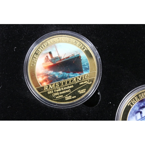 178 - Boxed RMS Titanic five coin set, all capsulated, 24ct gold plated, limited edition of 100, with coa