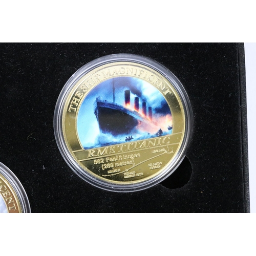 178 - Boxed RMS Titanic five coin set, all capsulated, 24ct gold plated, limited edition of 100, with coa