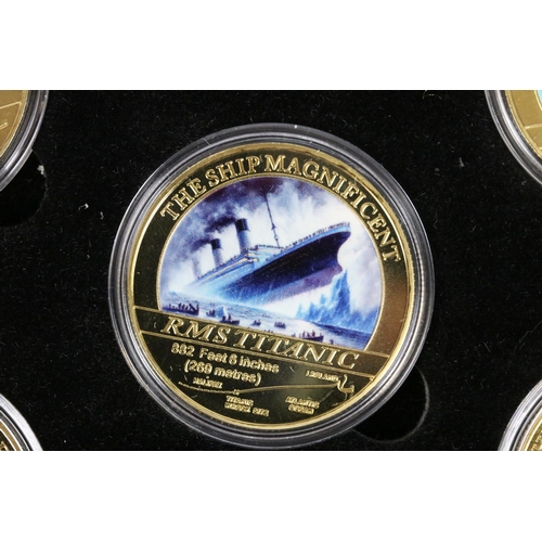 178 - Boxed RMS Titanic five coin set, all capsulated, 24ct gold plated, limited edition of 100, with coa